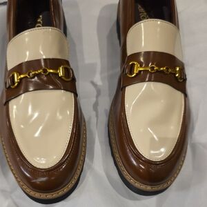 Franco Sarto Tan and Cream Loafers with Gold Detail